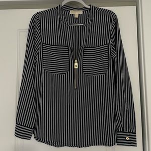 Michael Kors Black and White Striped Tunic Style Shirt with Gold Zip